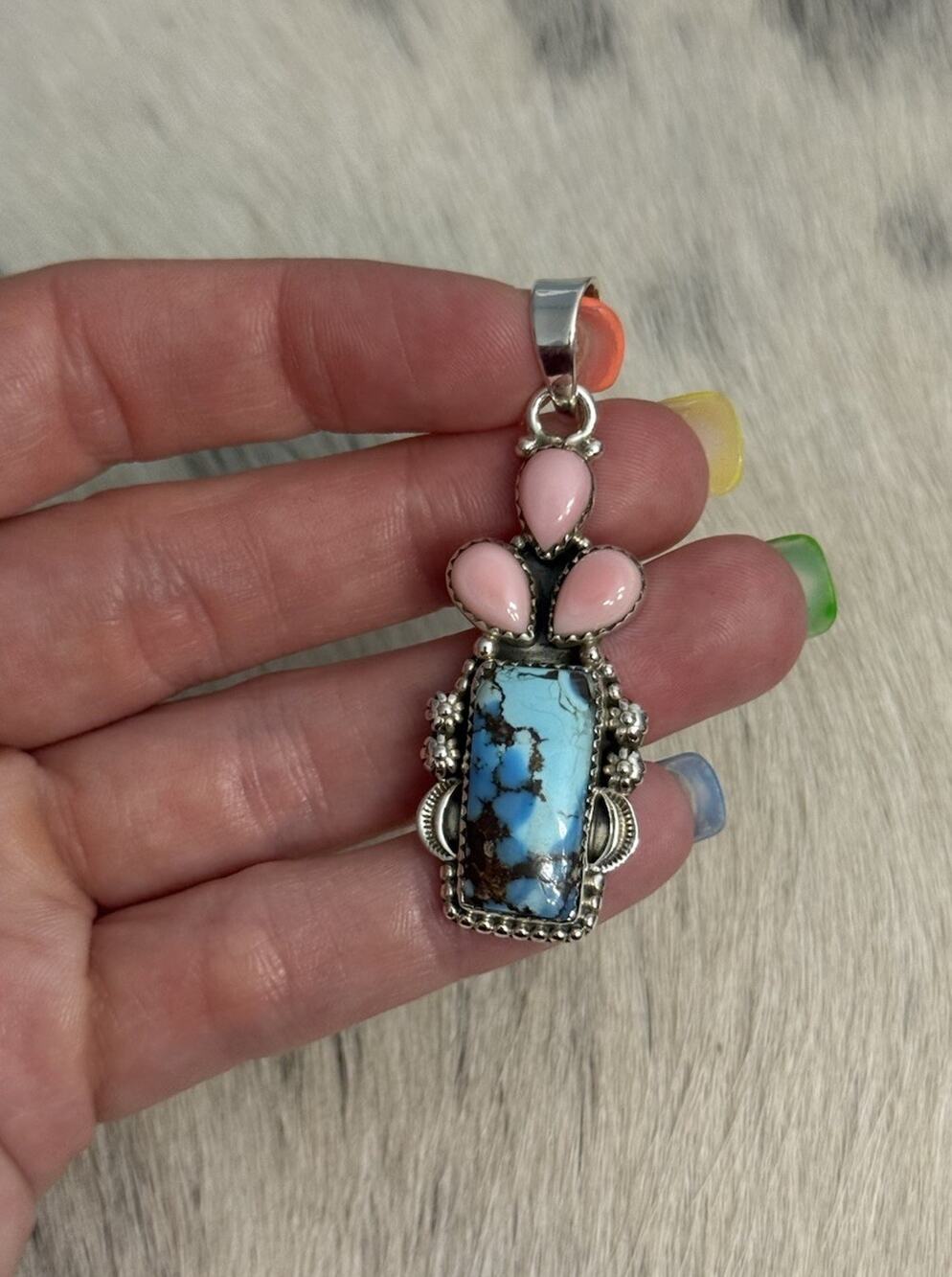 Sterling Silver Golden Hills Turquoise Pink Conch Multi-stone Rectangle Pendant